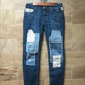 FREE PEOPLE WOMENS SZ 26 LACE PATCH STRETCH JEANS